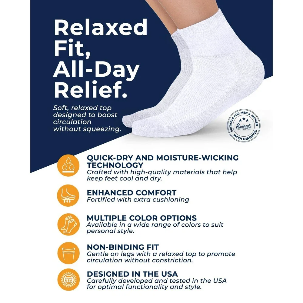 Pembrook Men's White Diabetic Socks Women Wide Stretch LARGE, WHITE - 6 PAIRS